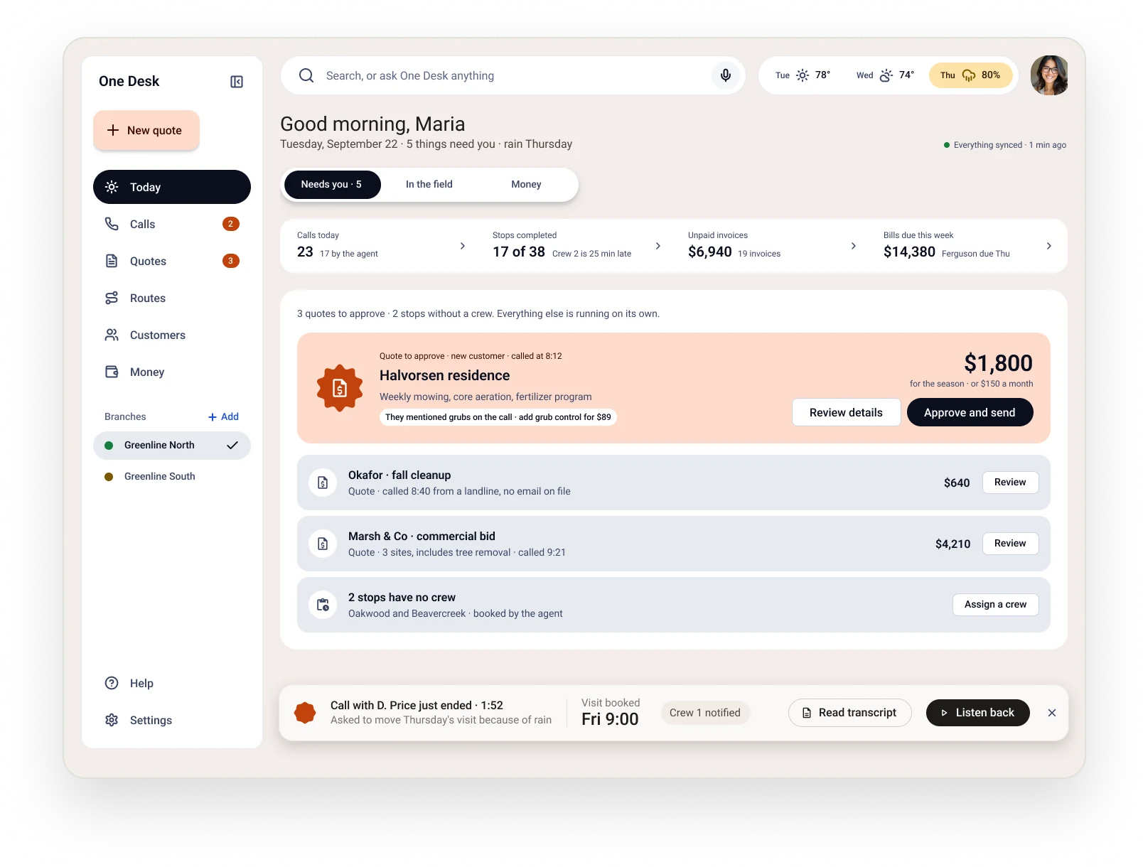 The One Desk dashboard showing today's calls, quotes, and jobs